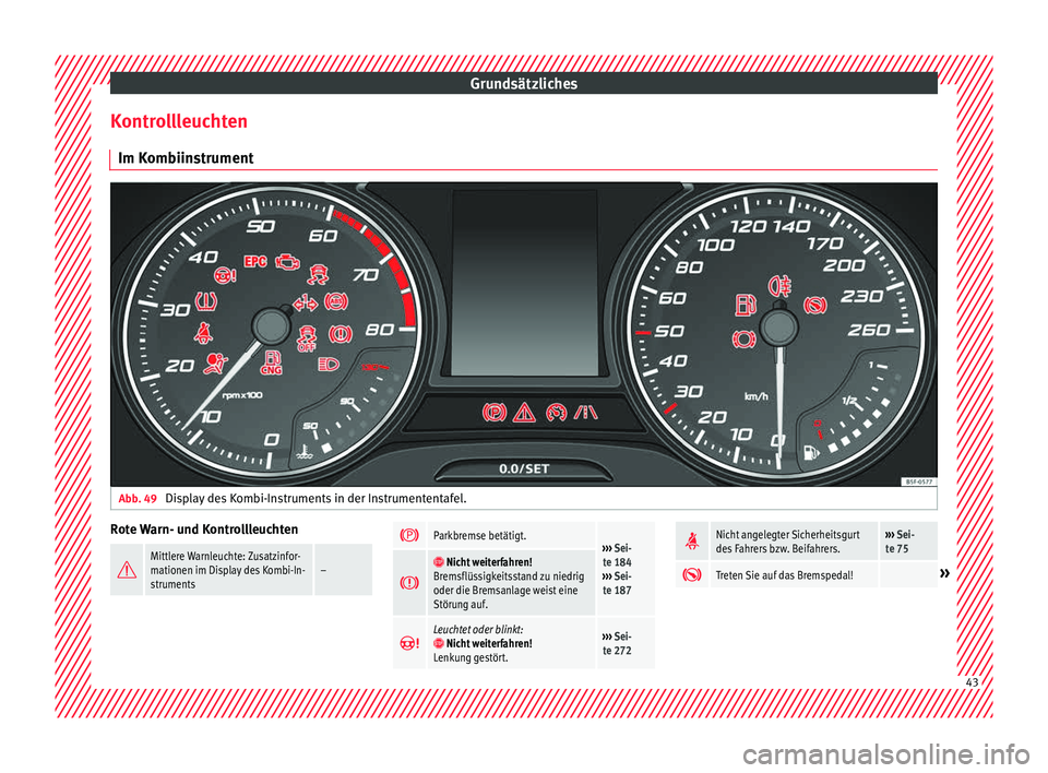 Seat Leon 5D 2016  Betriebsanleitung (in German) Grundsätzliches
Kontrollleuchten Im K omb
iin
strumentAbb. 49 
Display des Kombi-Instruments in der Instrumententafel. Rote Warn- und Kontrollleuchten

Mittlere Warnleuchte: Zusatzinfor-
mationen 