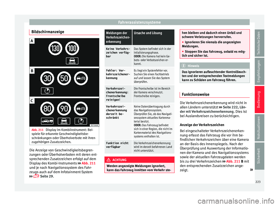 Seat Leon 5D 2015  Betriebsanleitung (in German) Fahrerassistenzsysteme
Bildschirmanzeige Abb. 211 
Display im Kombiinstrument: Bei-
s piel
e für erk
annte Geschwindigkeitsbe-
schränkungen oder Überholverbote mit ihren
zugehörigen Zusatzzeichen.