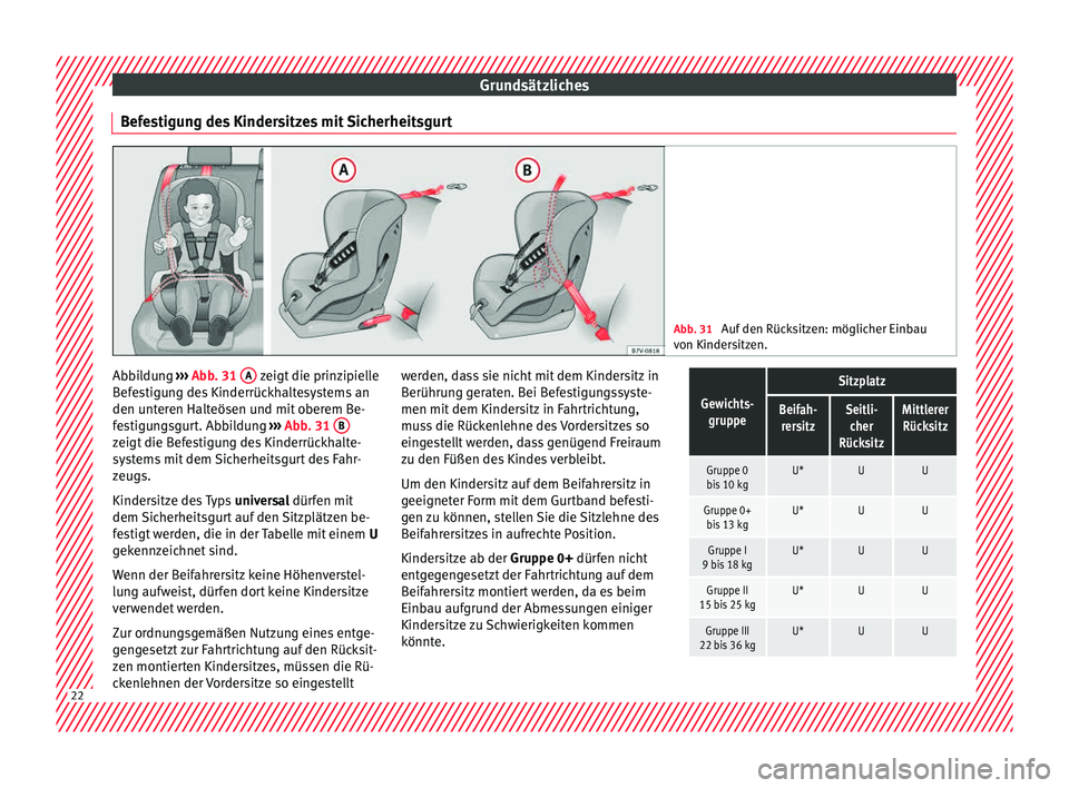 Seat Leon SC 2015  Betriebsanleitung (in German) Grundsätzliches
Befestigung des Kindersitzes mit Sicherheitsgurt Abb. 31 
Auf den Rücksitzen: möglicher Einbau
von Kinder s
itzen. Abbildung 
››› 
Abb
. 31
  A  zeigt die prinzipielle
B ef
e
