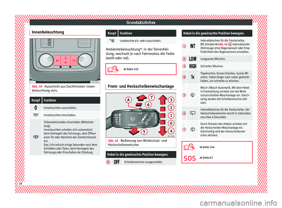 Seat Leon SC 2015  Betriebsanleitung (in German) Grundsätzliches
Innenbeleuchtung Abb. 39 
Ausschnitt aus Dachhimmel: Innen-
bel euc
ht
ung vorn.
KnopfFunktion 
Innenleuchten ausschalten.

Innenleuchten einschalten.

Türkontaktschalter ei