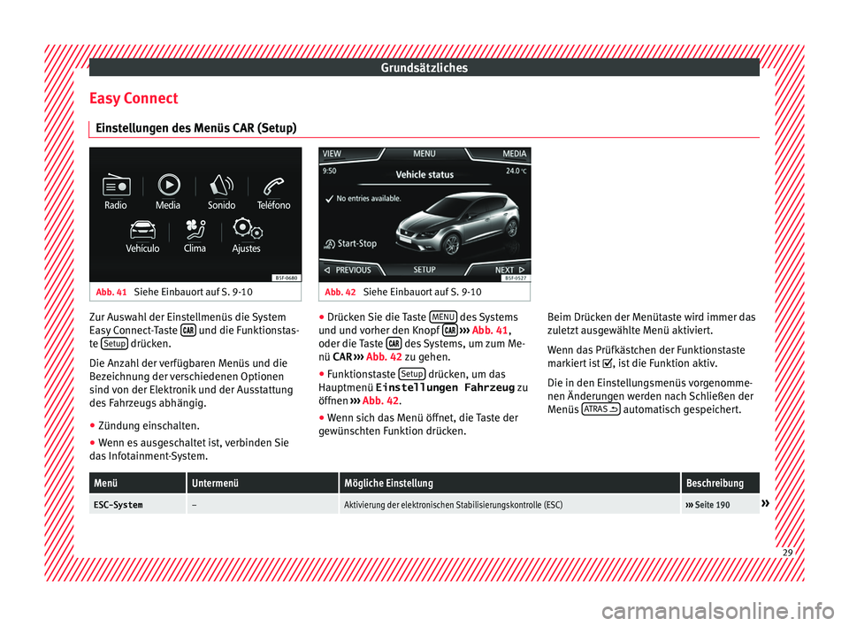 Seat Leon SC 2015  Betriebsanleitung (in German) Grundsätzliches
Easy Connect Ein s
t
ellungen des Menüs CAR (Setup) Abb. 41 
Siehe Einbauort auf S. 9-10 Abb. 42 
Siehe Einbauort auf S. 9-10 Zur Auswahl der Einstellmenüs die System
E
a
sy

 Conne