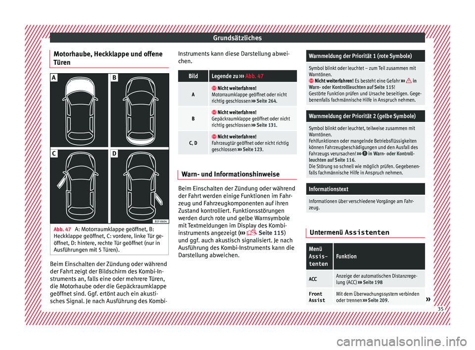 Seat Leon SC 2015  Betriebsanleitung (in German) Grundsätzliches
Motorhaube, Heckklappe und offene
Tür en Abb. 47 
A: Motorraumklappe geöffnet, B:
Hec kk
l
appe geöffnet, C: vordere, linke Tür ge-
öffnet, D: hintere, rechte Tür geöffnet (nur