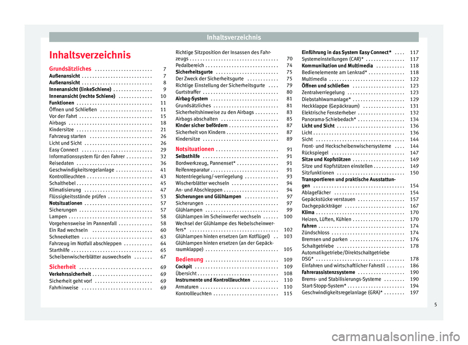 Seat Leon SC 2015  Betriebsanleitung (in German) Inhaltsverzeichnis
Inhaltsverzeichnis
Gru nd
sätz
liches . . . . . . . . . . . . . . . . . . . . . . 7
Außenansicht  . . . . . . . . . . . . . . . . . . . . . . . . . . . 7
Außenansicht  . . . . . 
