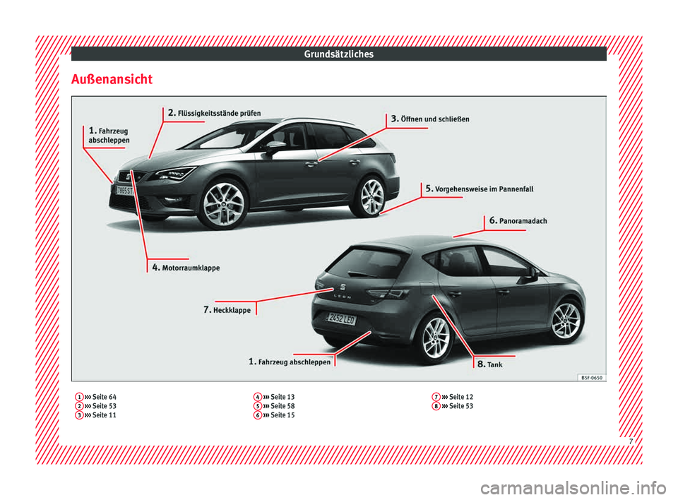 Seat Leon Sportstourer 2015  Betriebsanleitung (in German) Grundsätzliches
Außenansicht1  ›››  Seite 64
2  ›››  Seite 53
3  ›››  Seite 11 4
 
›››  Seite 13
5  ›››  Seite 58
6  ›››  Seite 15 7
 
›››  Seite 12
8  ›�