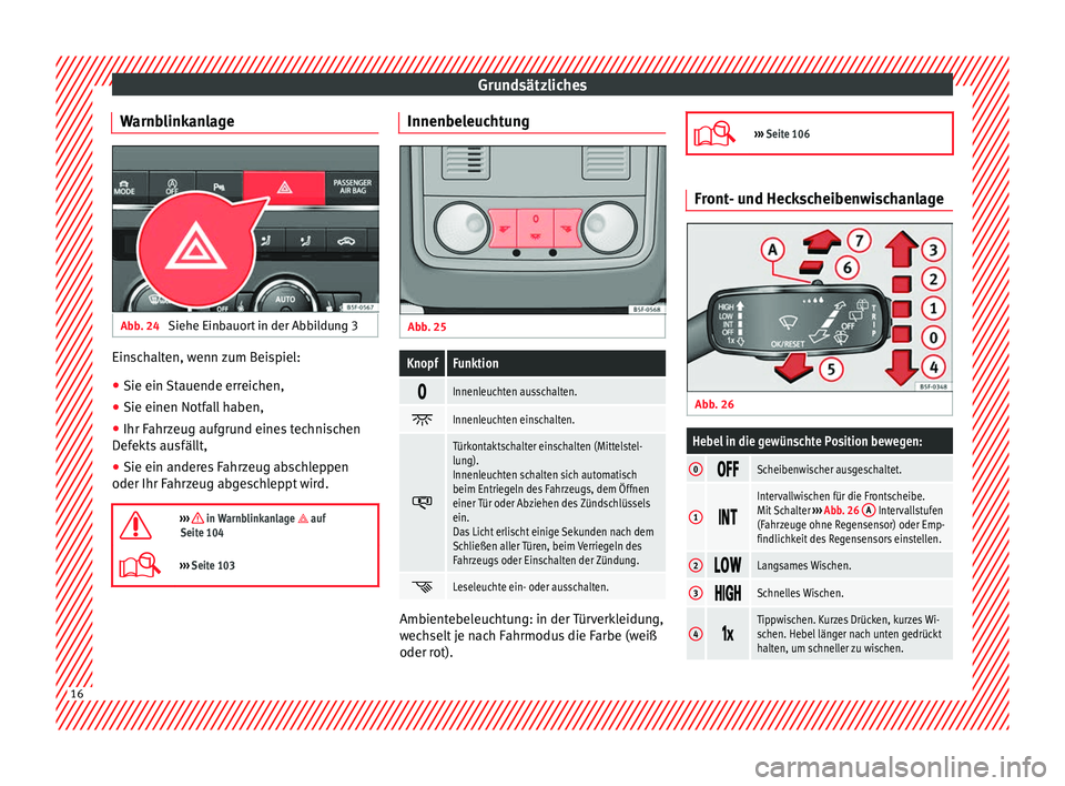 Seat Leon 5D 2014 Betriebsanleitung (in German) Grundsätzliches
Warnblinkanlage Abb. 24
Siehe Einbauort in der Abbildung 3 Einschalten, wenn zum Beispiel:
● Sie ein Stauende erreichen,
● Sie einen Notfall haben,
● Ihr Fahrzeug aufgrund eine Seat Leon 5D 2014 Betriebsanleitung (in German) Grundsätzliches
Warnblinkanlage Abb. 24
Siehe Einbauort in der Abbildung 3 Einschalten, wenn zum Beispiel:
● Sie ein Stauende erreichen,
● Sie einen Notfall haben,
● Ihr Fahrzeug aufgrund eine