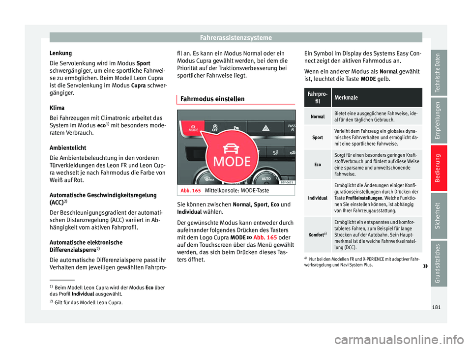 Seat Leon 5D 2014 Betriebsanleitung (in German) Fahrerassistenzsysteme
Lenkung
Die Servolenkung wird im Modus Sport
schwergängiger, um eine sportliche Fahrwei-
se zu ermöglichen. Beim Modell Leon Cupra
ist die Servolenkung im Modus Cupra schwer Seat Leon 5D 2014 Betriebsanleitung (in German) Fahrerassistenzsysteme
Lenkung
Die Servolenkung wird im Modus Sport
schwergängiger, um eine sportliche Fahrwei-
se zu ermöglichen. Beim Modell Leon Cupra
ist die Servolenkung im Modus Cupra schwer