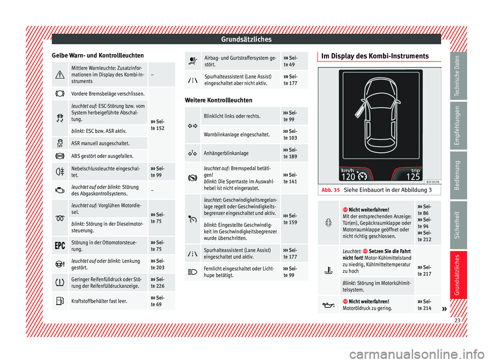 Seat Leon SC 2014  Betriebsanleitung (in German) Grundsätzliches
Gelbe Warn- und Kontrollleuchten Mittlere Warnleuchte: Zusatzinfor-
mationen im Display des Kombi-In-
struments–

Vordere Bremsbeläge verschlissen.
››› 
Sei-
te 152 