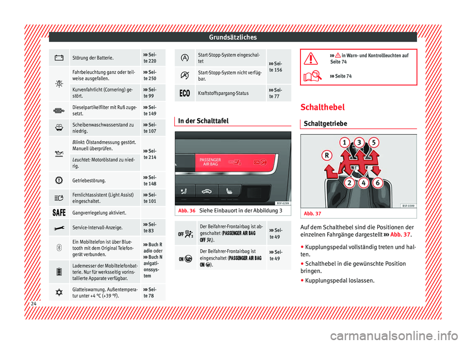 Seat Leon SC 2013  Betriebsanleitung (in German) Grundsätzliches
Störung der Batterie.››› 
Sei-
te 220 
Fahrbeleuchtung ganz oder teil-
weise ausgefallen.››› 
Sei-
te 250
Kurvenfahrlicht (Cornering) ge-
stört.›››  Sei-
te 