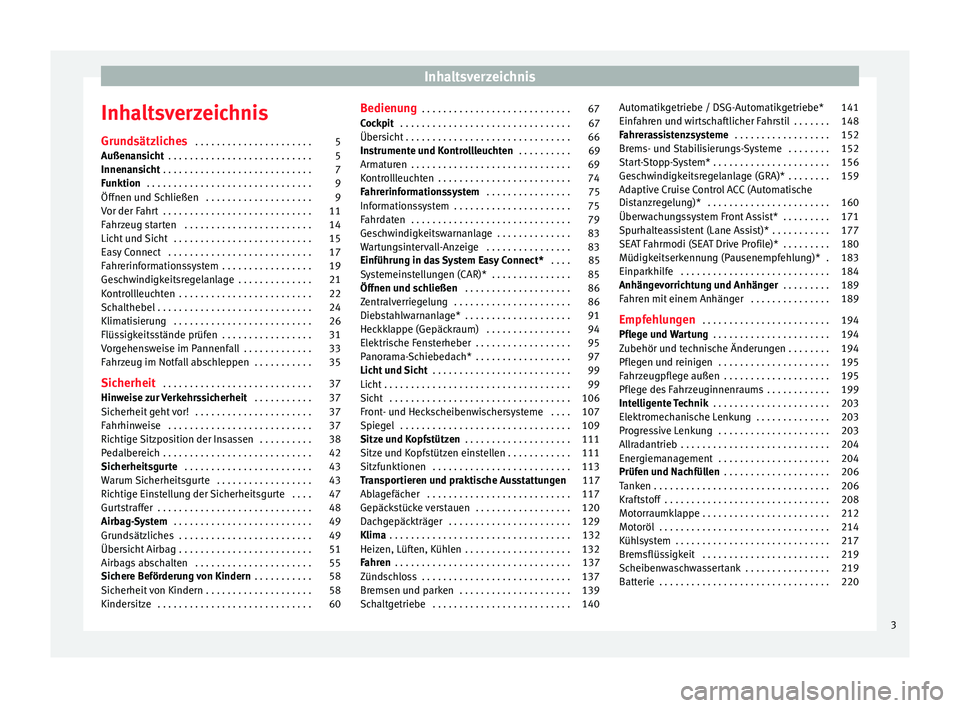 Seat Leon SC 2013  Betriebsanleitung (in German) Inhaltsverzeichnis
Inhaltsverzeichnis
Grundsätzliches  . . . . . . . . . . . . . . . . . . . . . . 5
Außenansicht  . . . . . . . . . . . . . . . . . . . . . . . . . . . 5
Innenansicht  . . . . . . .
