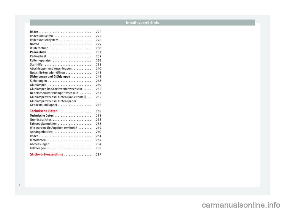 Seat Leon 5D 2014  Betriebsanleitung (in German) Inhaltsverzeichnis
Räder  . . . . . . . . . . . . . . . . . . . . . . . . . . . . . . . . . . 222
Räder und Reifen  . . . . . . . . . . . . . . . . . . . . . . . . 222
Reifenkontrollsystem  . . . . 