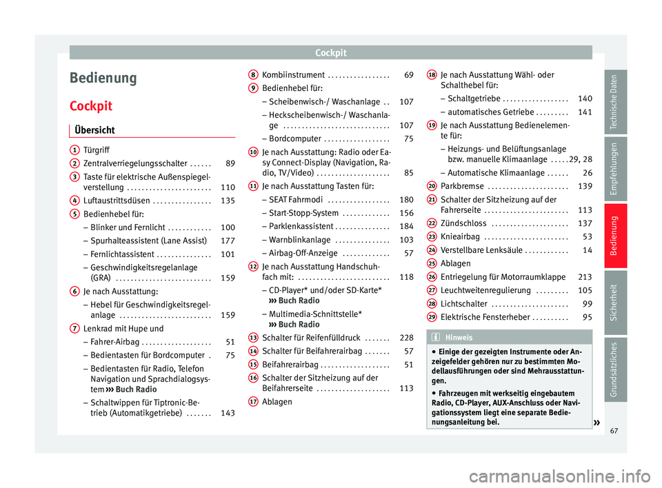 Seat Leon SC 2014  Betriebsanleitung (in German) Cockpit
Bedienung
Cockpit Übersicht Türgriff
Zentralverriegelungsschalter
 . . . . . .89
Taste für elektrische Außenspiegel-
verstellung  . . . . . . . . . . . . . . . . . . . . . . . 110
Luftaust
