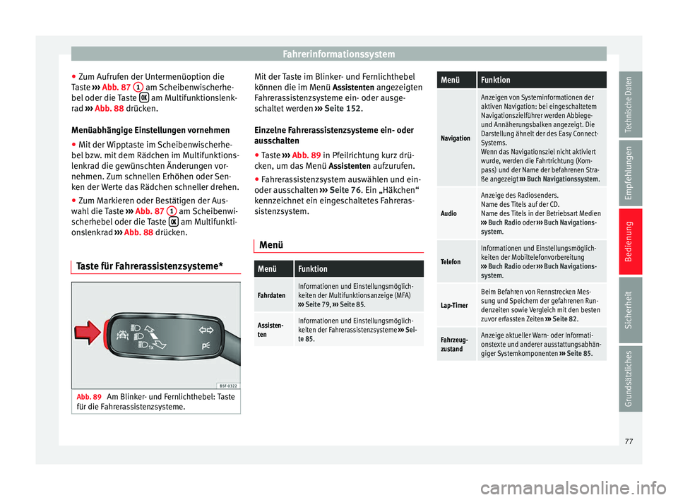 Seat Leon 5D 2014 Betriebsanleitung (in German) Fahrerinformationssystem
● Zum Aufrufen der Untermenüoption die
Taste ››› Abb. 87 1 am Scheibenwischerhe-
bel oder die Taste am Multifunktionslenk-
rad ››› Abb. 88 drücke Seat Leon 5D 2014 Betriebsanleitung (in German) Fahrerinformationssystem
● Zum Aufrufen der Untermenüoption die
Taste ››› Abb. 87 1 am Scheibenwischerhe-
bel oder die Taste am Multifunktionslenk-
rad ››› Abb. 88 drücke
