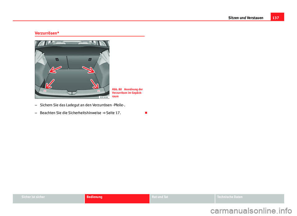 Seat Leon 5D 2012  Betriebsanleitung (in German) 137
Sitzen und Verstauen
Verzurrösen*
Abb. 80  Anordnung der
Verzurrösen im Gepäck-
raum
– Sichern Sie das Ladegut an den Verzurrösen -Pfeile-.
– Beachten Sie die Sicherheitshinweise  ⇒ Se