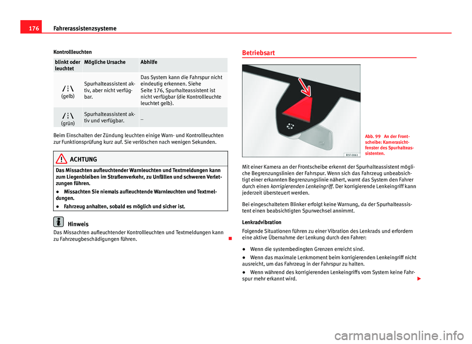 Seat Leon 5D 2012  Betriebsanleitung (in German) 176Fahrerassistenzsysteme
Kontrollleuchten
blinkt oder
leuchtetMögliche UrsacheAbhilfe

(gelb)Spurhalteassistent ak-
tiv, aber nicht verfüg-
bar.Das System kann die Fahrspur nicht
eindeutig erken