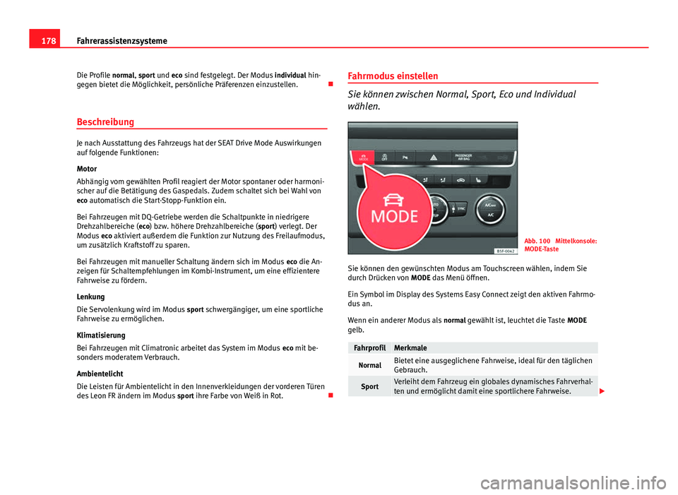 Seat Leon 5D 2012  Betriebsanleitung (in German) 178Fahrerassistenzsysteme
Die Profile normal, sport und eco sind festgelegt. Der Modus  individual hin-
gegen bietet die Möglichkeit, persönliche Präferenzen einzustellen. 
Beschreibung
Je nach 