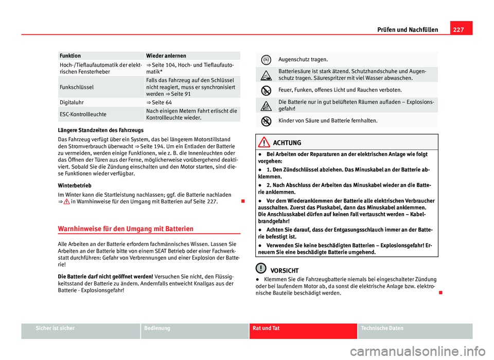 Seat Leon 5D 2012 Betriebsanleitung (in German) 227
Prüfen und Nachfüllen
FunktionWieder anlernenHoch-/Tieflaufautomatik der elekt-
rischen Fensterheber⇒ Seite 104, Hoch- und Tieflaufauto-
matik*
FunkschlüsselFalls das Fahrzeug auf den Schl Seat Leon 5D 2012 Betriebsanleitung (in German) 227
Prüfen und Nachfüllen
FunktionWieder anlernenHoch-/Tieflaufautomatik der elekt-
rischen Fensterheber⇒ Seite 104, Hoch- und Tieflaufauto-
matik*
FunkschlüsselFalls das Fahrzeug auf den Schl