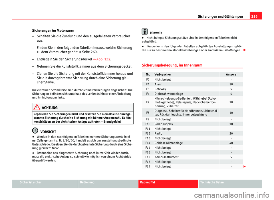 Seat Leon 5D 2012 Betriebsanleitung (in German) 259
Sicherungen und Glühlampen
Sicherungen im Motorraum
– Schalten Sie die Zündung und den ausgefallenen Verbraucher
aus.
– Finden Sie in den folgenden Tabellen heraus, welche Sicherung
zu dem V Seat Leon 5D 2012 Betriebsanleitung (in German) 259
Sicherungen und Glühlampen
Sicherungen im Motorraum
– Schalten Sie die Zündung und den ausgefallenen Verbraucher
aus.
– Finden Sie in den folgenden Tabellen heraus, welche Sicherung
zu dem V