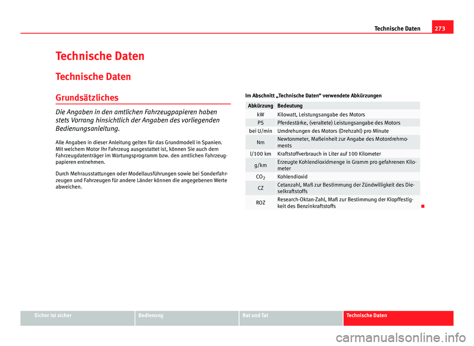 Seat Leon 5D 2012 Betriebsanleitung (in German) 273
Technische Daten
Technische Daten
Technische Daten
Grundsätzliches
Die Angaben in den amtlichen Fahrzeugpapieren haben
stets Vorrang hinsichtlich der Angaben des vorliegenden
Bedienungsanleitung. Seat Leon 5D 2012 Betriebsanleitung (in German) 273
Technische Daten
Technische Daten
Technische Daten
Grundsätzliches
Die Angaben in den amtlichen Fahrzeugpapieren haben
stets Vorrang hinsichtlich der Angaben des vorliegenden
Bedienungsanleitung.