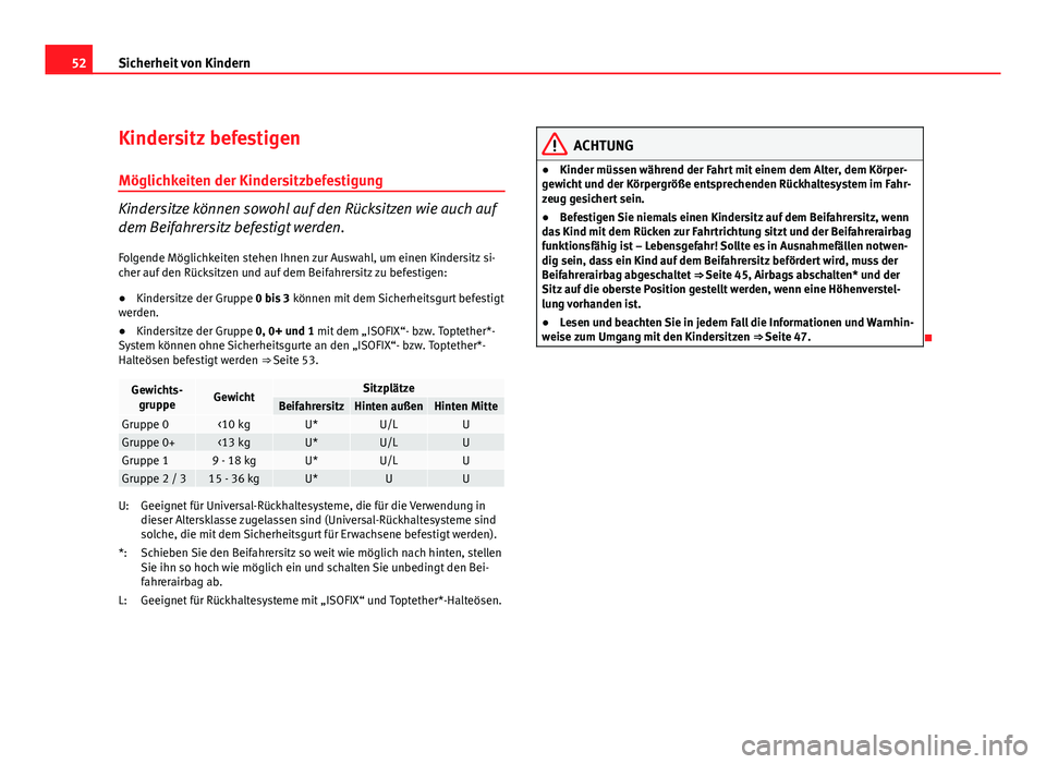 Seat Leon 5D 2009 Betriebsanleitung (in German) 52Sicherheit von Kindern
Kindersitz befestigen
Möglichkeiten der Kindersitzbefestigung
Kindersitze können sowohl auf den Rücksitzen wie auch auf
dem Beifahrersitz befestigt werden.
Folgende Möglic Seat Leon 5D 2009 Betriebsanleitung (in German) 52Sicherheit von Kindern
Kindersitz befestigen
Möglichkeiten der Kindersitzbefestigung
Kindersitze können sowohl auf den Rücksitzen wie auch auf
dem Beifahrersitz befestigt werden.
Folgende Möglic