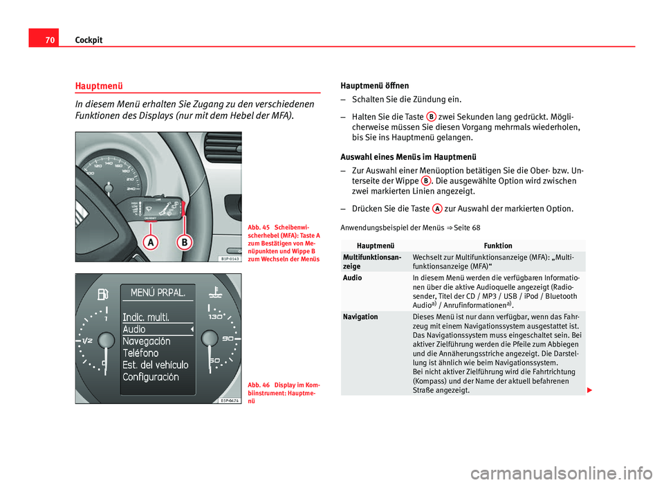 Seat Leon 5D 2009 Betriebsanleitung (in German) 70Cockpit
Hauptmenü
In diesem Menü erhalten Sie Zugang zu den verschiedenen
Funktionen des Displays (nur mit dem Hebel der MFA).
Abb. 45 Scheibenwi-
scherhebel (MFA): Taste A
zum Bestätigen von Me Seat Leon 5D 2009 Betriebsanleitung (in German) 70Cockpit
Hauptmenü
In diesem Menü erhalten Sie Zugang zu den verschiedenen
Funktionen des Displays (nur mit dem Hebel der MFA).
Abb. 45 Scheibenwi-
scherhebel (MFA): Taste A
zum Bestätigen von Me