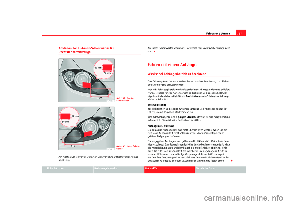 Seat Leon 5D 2006 Betriebsanleitung (in German) Fahren und Umwelt185
Sicher ist sicher
Bedienungshinweise
Rat und Tat
Technische Daten
Abkleben der Bi-Xenon-Scheinwerfer für RechtslenkerfahrzeugeAm rechten Scheinwerfer, wenn von Li nksverkehr auf Seat Leon 5D 2006 Betriebsanleitung (in German) Fahren und Umwelt185
Sicher ist sicher
Bedienungshinweise
Rat und Tat
Technische Daten
Abkleben der Bi-Xenon-Scheinwerfer für RechtslenkerfahrzeugeAm rechten Scheinwerfer, wenn von Li nksverkehr auf