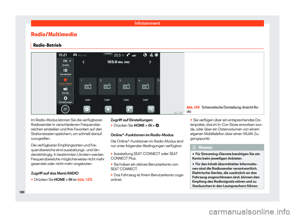 Seat Arona 2020  Betriebsanleitung (in German) Infotainment
Radio/Multimedia R adio-Betrieb Abb. 129 
Schematische Darstellung: Ansicht Ra-
dio Im Radio-Modus können Sie die verfügbaren
R
adiosender in v
erschiedenen Frequenzbe-
reichen einstell