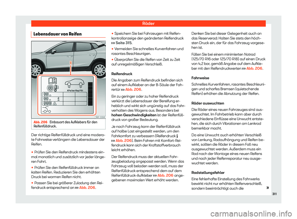 Seat Arona 2020  Betriebsanleitung (in German) Räder
Lebensdauer von Reifen Abb. 206 
Einbauort des Aufklebers f