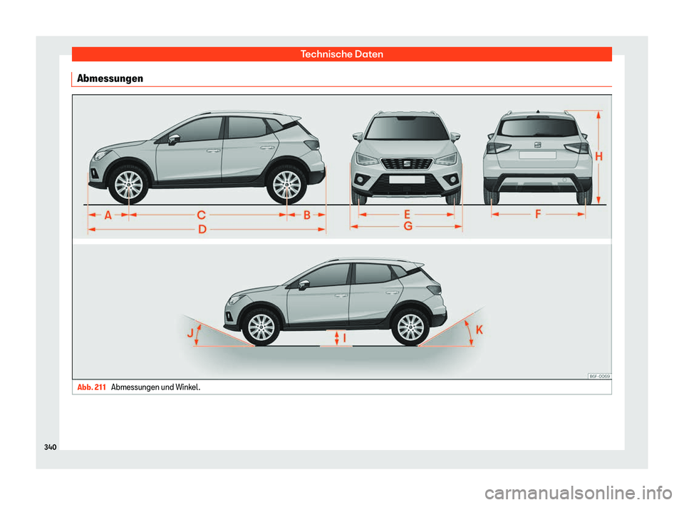 Seat Arona 2020  Betriebsanleitung (in German) Technische Daten
Abmessungen Abb. 211 
Abmessungen und Winkel.340 