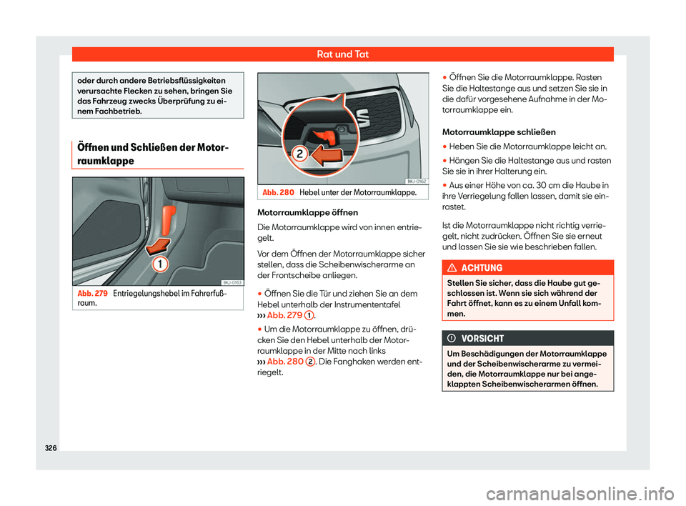 Seat Arona 2019  Betriebsanleitung (in German) Rat und Tat
oder durch andere Betriebsflüssigkeiten
v
erursacht
e Flecken zu sehen, bringen Sie
das Fahrzeug zwecks Überprüfung zu ei-
nem Fachbetrieb. 