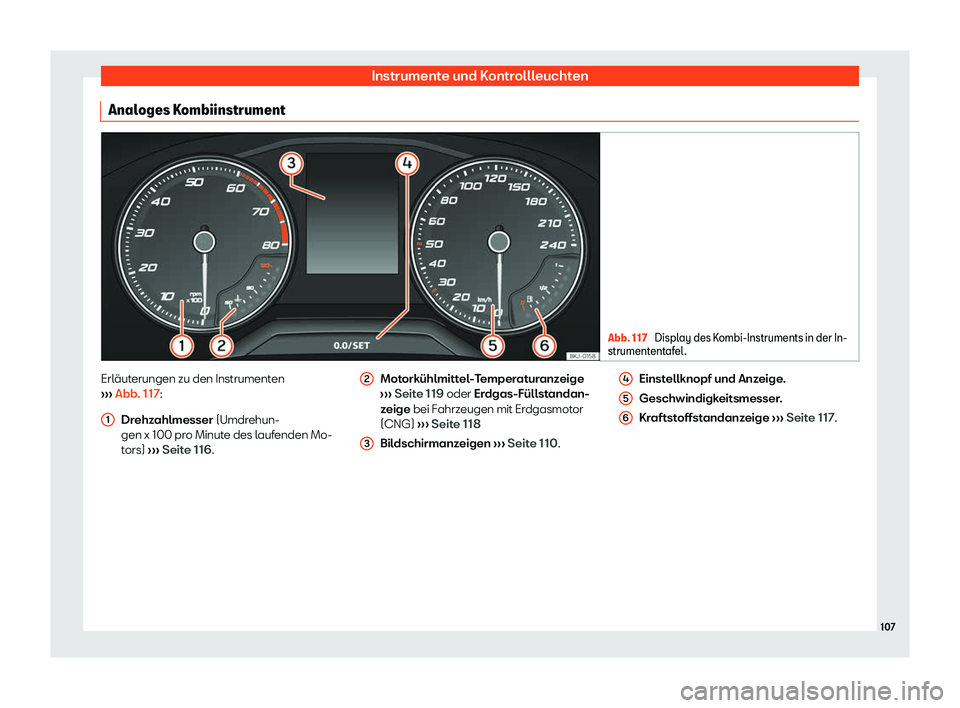 Seat Arona 2018  Betriebsanleitung (in German) Instrumente und Kontrollleuchten
Analoges Kombiinstrument Abb. 117 
Display des Kombi-Instruments in der In-
strument entafel
. Erl