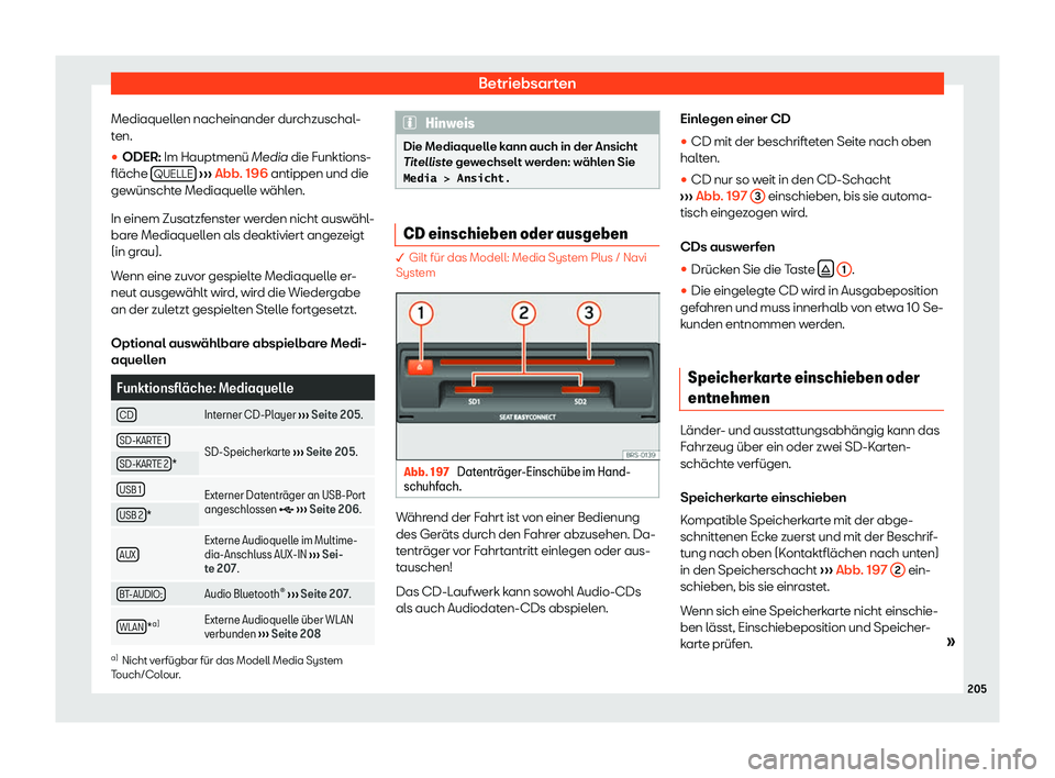 Seat Arona 2018  Betriebsanleitung (in German) Betriebsarten
Mediaquellen nacheinander durchzuschal-
t en.
