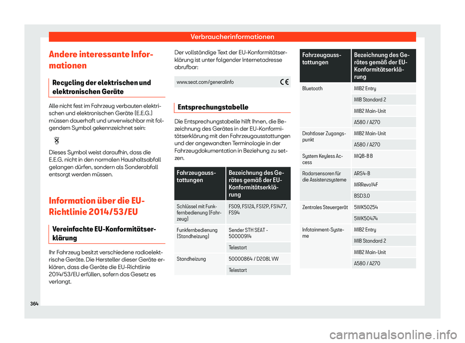 Seat Arona 2018  Betriebsanleitung (in German) Verbraucherinformationen
Andere interessante Infor-
mationen R ecycling der el
ektrischen und
el ektr
onischen Ger
