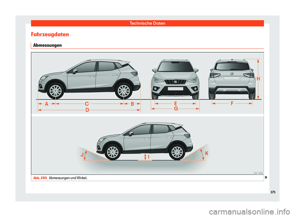 Seat Arona 2018  Betriebsanleitung (in German) Technische Daten
Fahrzeugdaten Abmessungen Abb. 289 
Abmessungen und Winkel. 