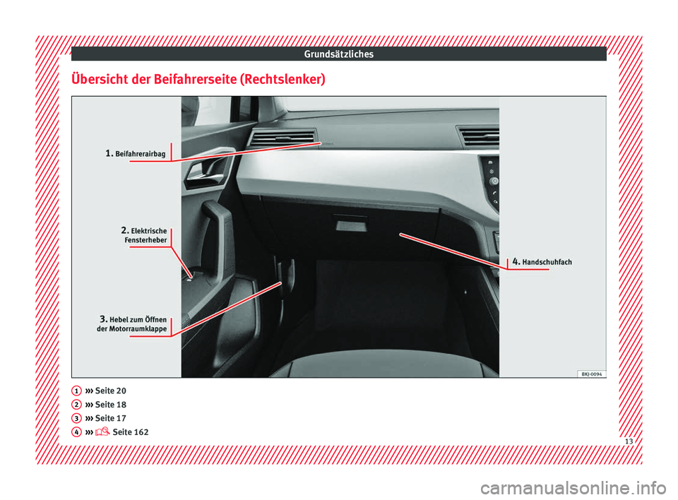 Seat Arona 2017  Betriebsanleitung (in German) Grundsätzliches
Übersicht der Beifahrerseite (Rechtslenker) ››› 
Seit e 20
› ›
› Seite 18
›››  Seite 17
›››   Seite 162 1
2
3
4
13  