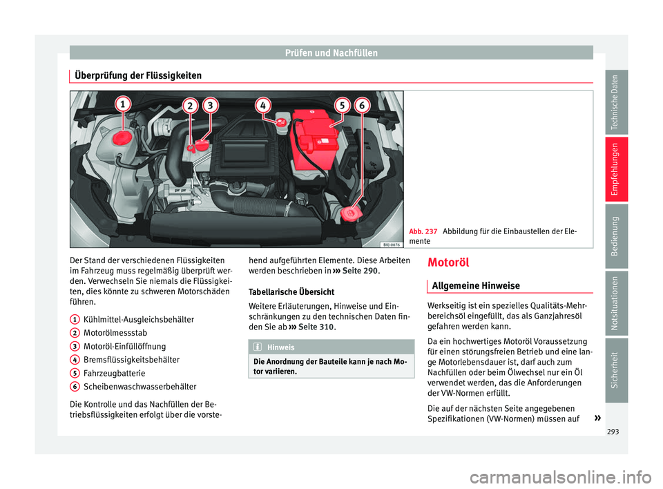 Seat Arona 2017 Betriebsanleitung (in German) Prüfen und Nachfüllen
Überprüfung der Flüssigkeiten Abb. 237
Abbildung für die Einbaustellen der Ele-
mente Der Stand der verschiedenen Flüssigkeiten
im F
ahr
z
eug muss regelmäßig überprü Seat Arona 2017 Betriebsanleitung (in German) Prüfen und Nachfüllen
Überprüfung der Flüssigkeiten Abb. 237
Abbildung für die Einbaustellen der Ele-
mente Der Stand der verschiedenen Flüssigkeiten
im F
ahr
z
eug muss regelmäßig überprü