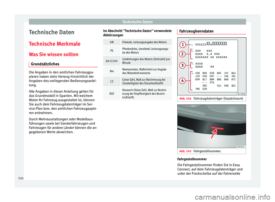 Seat Arona 2017  Betriebsanleitung (in German) Technische Daten
Technische Daten
T ec
hni
sche Merkmale
Was Sie wissen sollten Grundsätzliches Die Angaben in den amtlichen Fahrzeugpa-
pieren h
aben s

tets Vorrang hinsichtlich der
Angaben des vor
