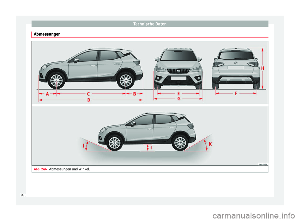 Seat Arona 2017  Betriebsanleitung (in German) Technische Daten
Abmessungen Abb. 246 
Abmessungen und Winkel.318 