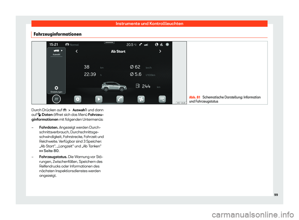 Seat Ateca 2020  Betriebsanleitung (in German) Instrumente und Kontrollleuchten
Fahrzeuginformationen Abb. 81 
Schematische Darstellung: Information
und F ahrz
eugstatus Durch Drücken auf �� 
�!� �A�u�s�w�a�h�l
 und dann
auf 
 � Daten öffnet