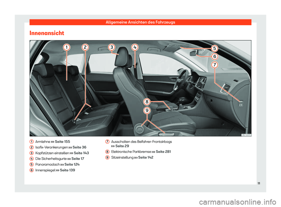 Seat Ateca 2020  Betriebsanleitung (in German) Allgemeine Ansichten des Fahrzeugs
Innenansicht Armlehne 
››
› Seite 155
Isofix-Verankerungen  ››› Seite 36
Kopfstützen einstellen  ››› Seite 143
Die Sicherheitsgurte  ››› Sei