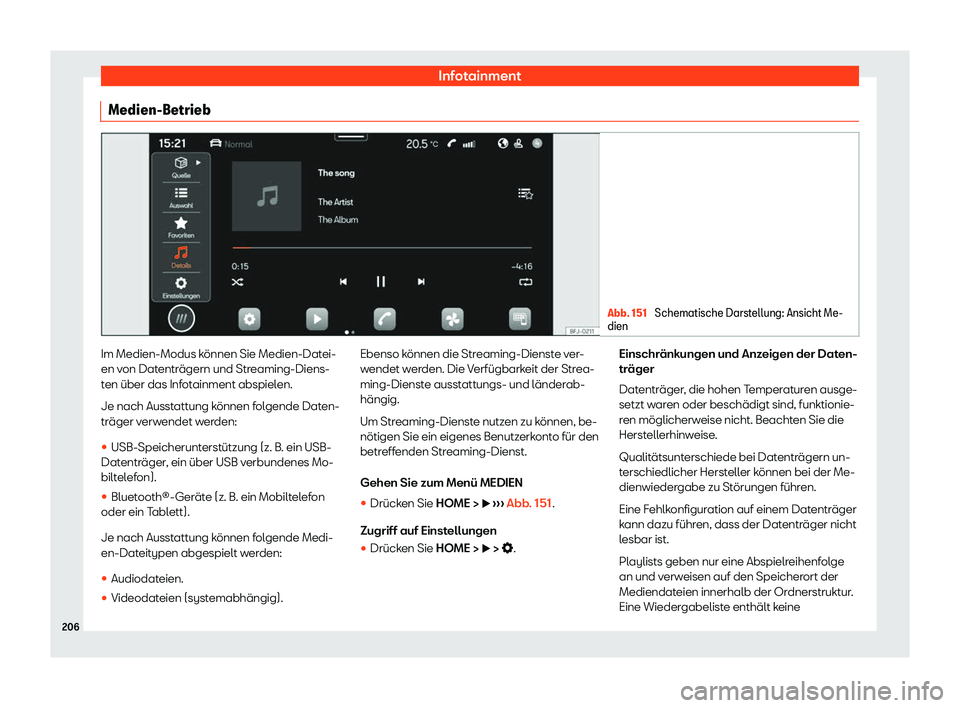 Seat Ateca 2020  Betriebsanleitung (in German) Infotainment
Medien-Betrieb Abb. 151 
Schematische Darstellung: Ansicht Me-
dien Im Medien-Modus können Sie Medien-Datei-
en v
on Dat
enträgern und Streaming-Diens-
ten über das Infotainment abspie