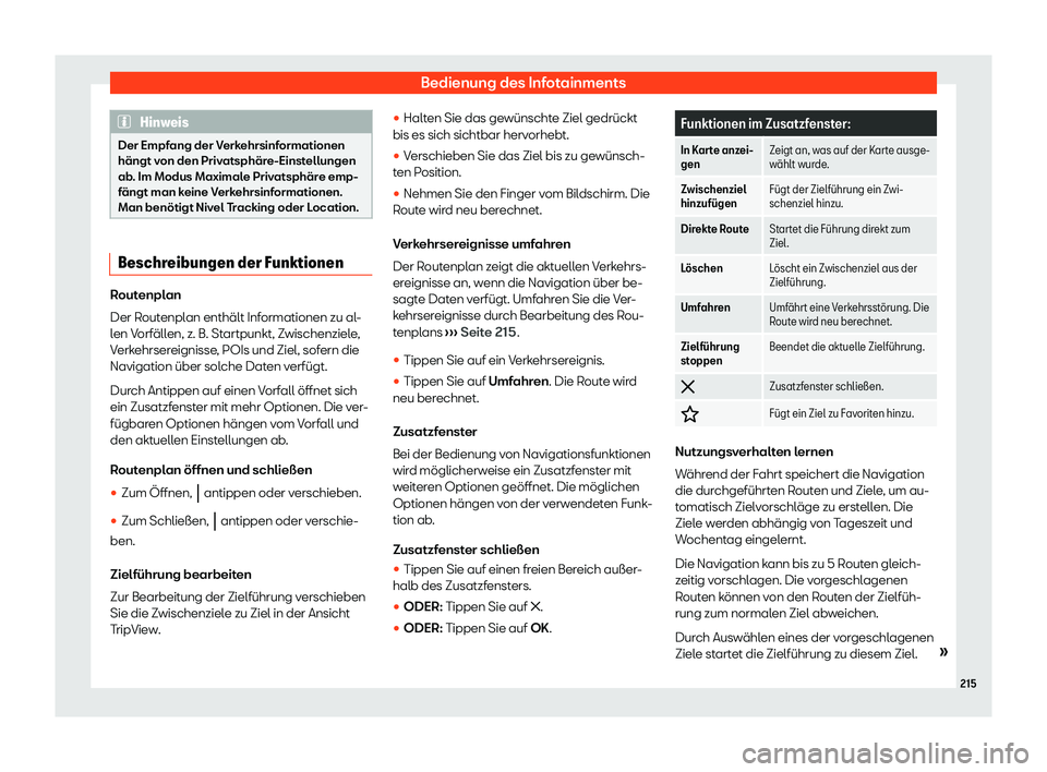 Seat Ateca 2020  Betriebsanleitung (in German) Bedienung des Infotainments
Hinweis
Der Empfang der Verkehrsinformationen
hängt v on den Priv
atsphäre-Einstellungen
ab. Im Modus Maximale Privatsphäre emp-
fängt man keine Verkehrsinformationen.
