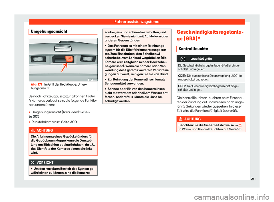 Seat Ateca 2020  Betriebsanleitung (in German) Fahrerassistenzsysteme
Umgebungsansicht Abb. 171 
Im Griff der Heckklappe: Umge-
bungsansicht. Je nach Fahrzeugausstattung können 1 oder
4 K
amer
as verbaut sein, die folgende Funktio-
nen unterstüt