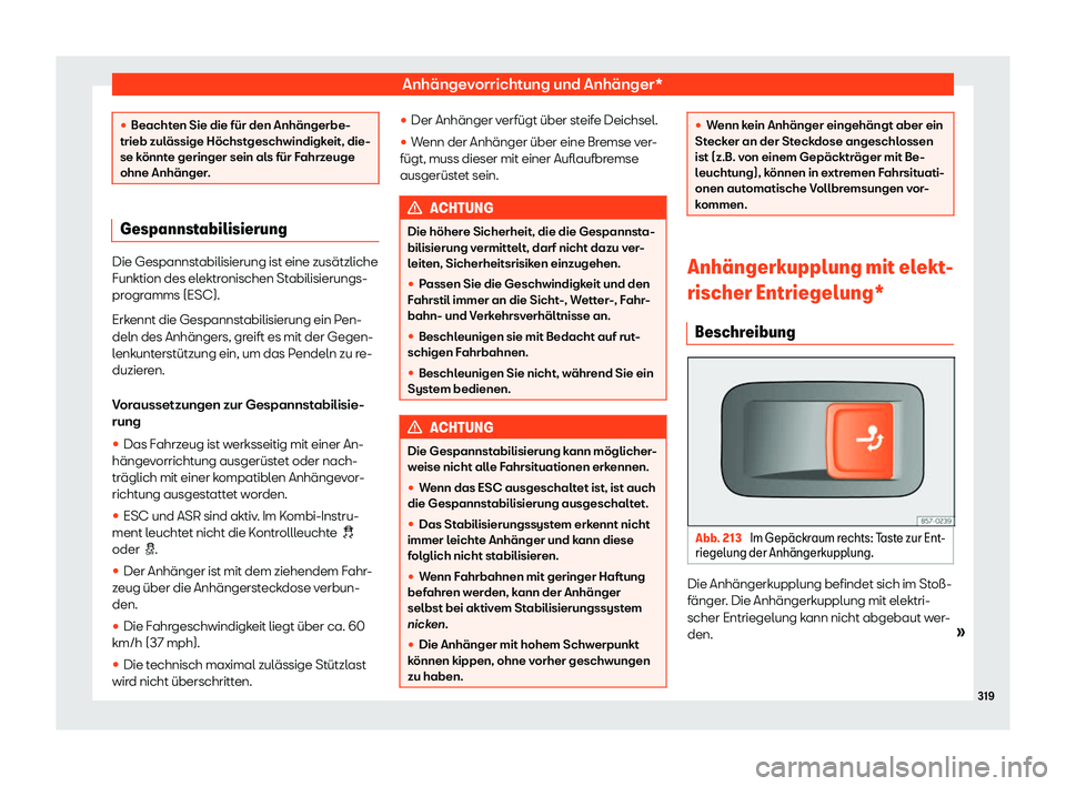 Seat Ateca 2020  Betriebsanleitung (in German) Anhängevorrichtung und Anhänger*
