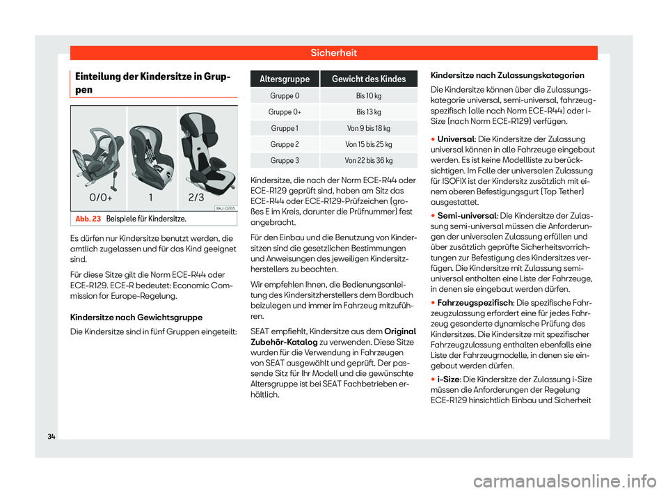 Seat Ateca 2020  Betriebsanleitung (in German) Sicherheit
Einteilung der Kindersitze in Grup-
pen Abb. 23 
Beispiele f