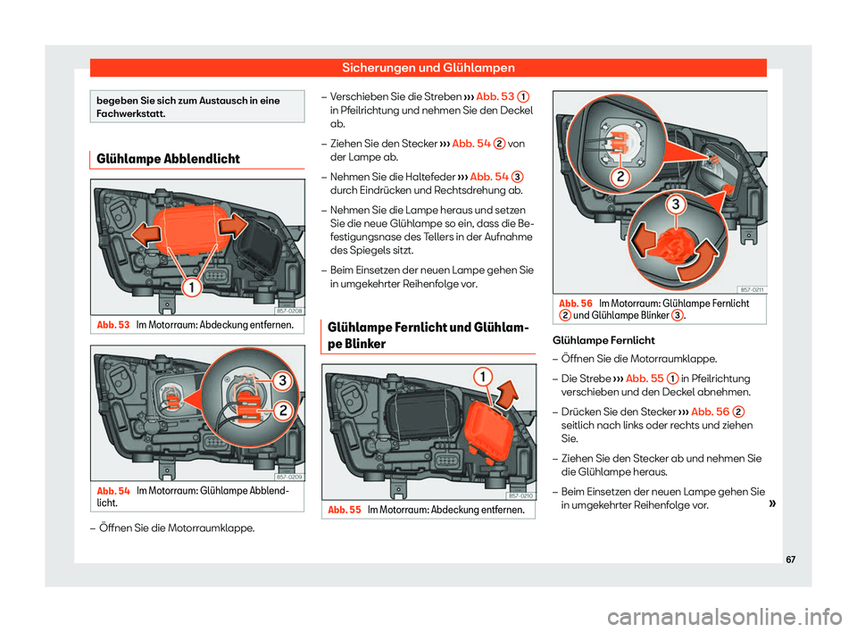 Seat Ateca 2020  Betriebsanleitung (in German) Sicherungen und Glühlampen
begeben Sie sich zum Austausch in eine
F
achw
erkstatt. Gl