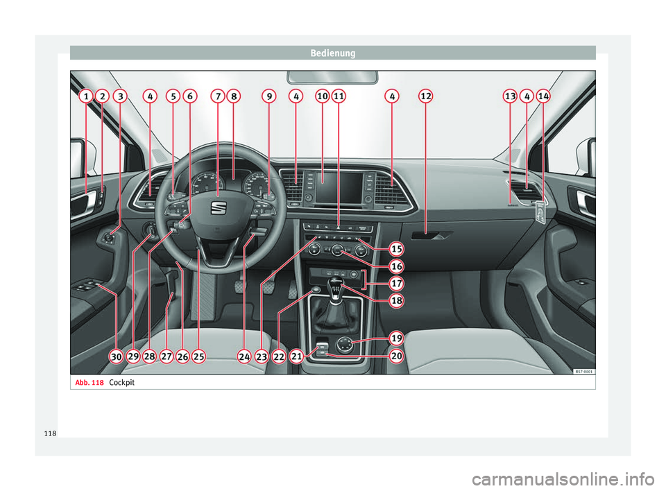 Seat Ateca 2017 Betriebsanleitung (in German) Bedienung
Abb. 118
Cockpit118 Seat Ateca 2017 Betriebsanleitung (in German) Bedienung
Abb. 118
Cockpit118