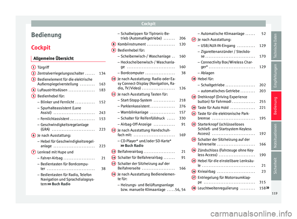Seat Ateca 2017  Betriebsanleitung (in German) Cockpit
Bedienung
C oc
kpit
A
llgemeine Übersicht Türgriff
Zentr
alv

erriegelungsschalter  . . . . . .134
Bedienelement für die elektrische
Außenspie
 gelverstellung  . . . . . . . . .163
Luftaus
