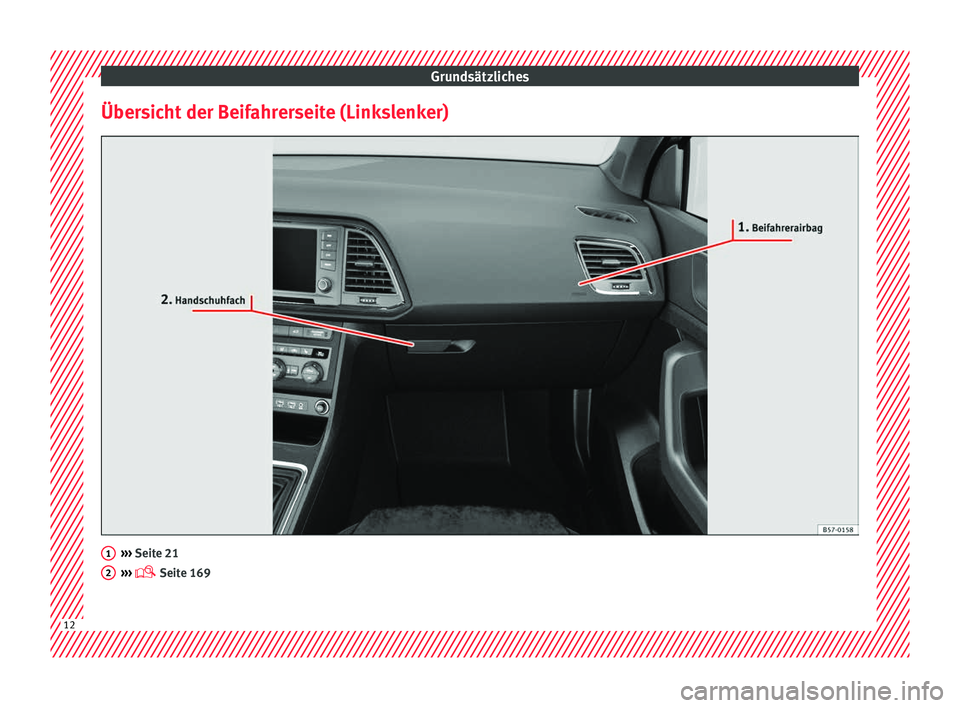Seat Ateca 2017 Betriebsanleitung (in German) Grundsätzliches
Übersicht der Beifahrerseite (Linkslenker) ›››
Seit e 21
› ›
› Seite 169 1
2
12 Seat Ateca 2017 Betriebsanleitung (in German) Grundsätzliches
Übersicht der Beifahrerseite (Linkslenker) ›››
Seit e 21
› ›
› Seite 169 1
2
12