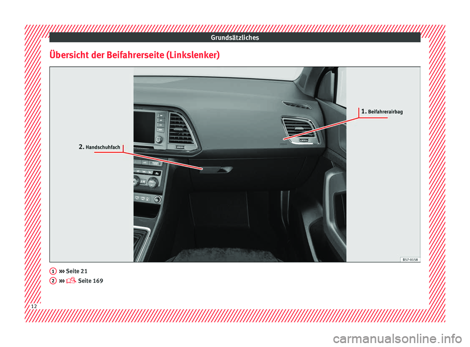 Seat Ateca 2017  Betriebsanleitung (in German) Grundsätzliches
Übersicht der Beifahrerseite (Linkslenker) ››› 
Seit e 21
› ›
›  Seite 169 1
2
12  