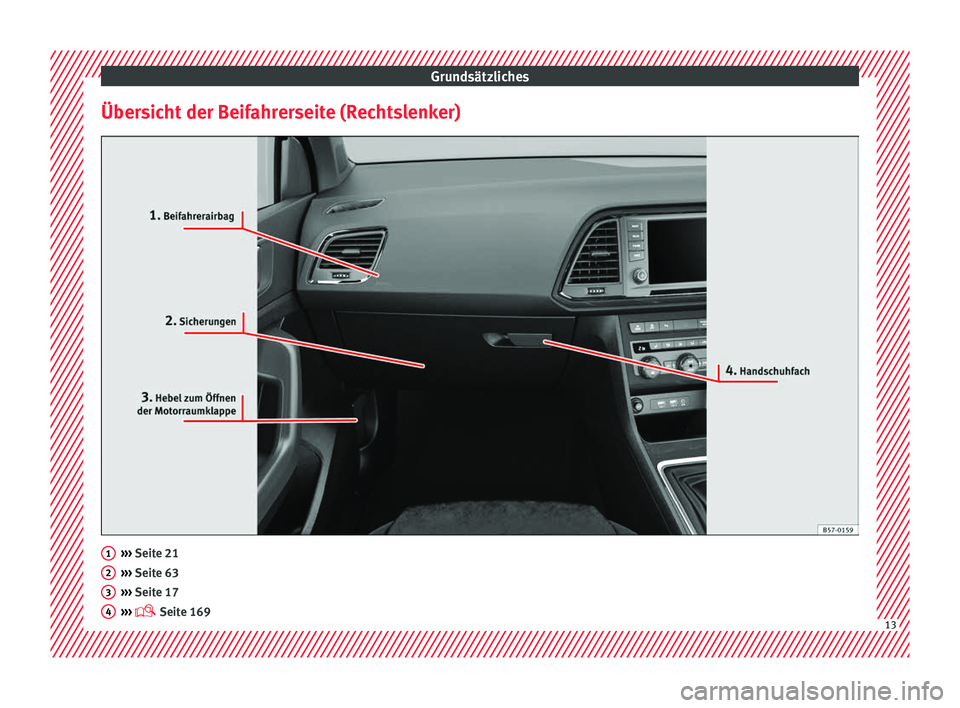 Seat Ateca 2017  Betriebsanleitung (in German) Grundsätzliches
Übersicht der Beifahrerseite (Rechtslenker) ››› 
Seit e 21
› ›
› Seite 63
›››  Seite 17
›››   Seite 169 1
2
3
4
13  